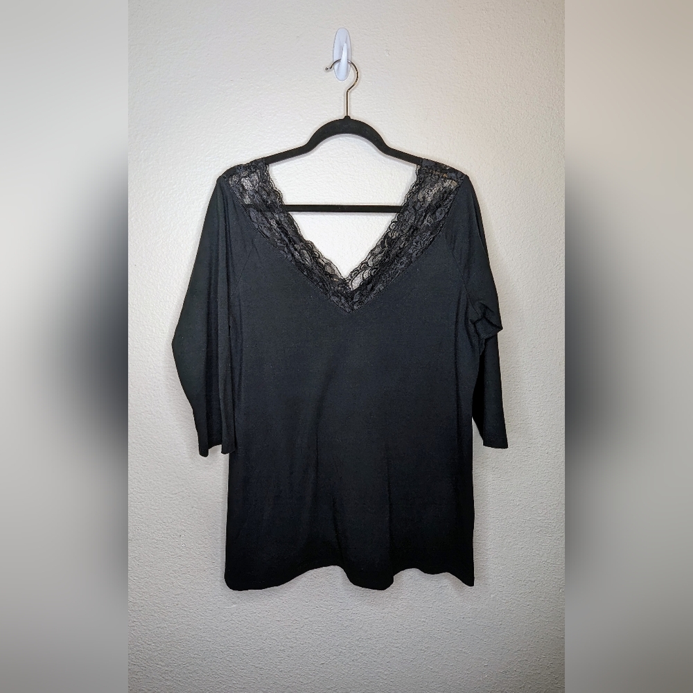 Torrid Black Lace Trim V Neck Tee